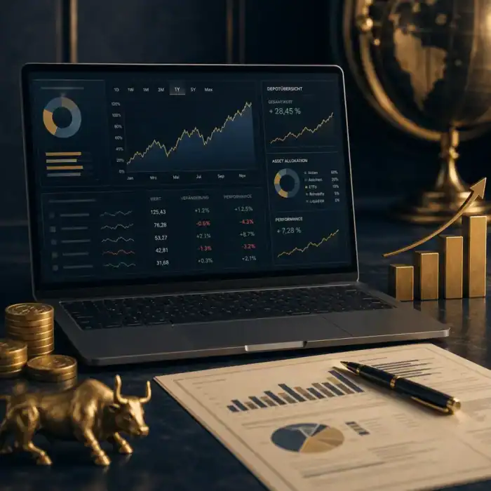 Aktiendepot Vergleichsrechner mit Laptop, Depotübersicht, Aktiencharts und Finanzanalyse