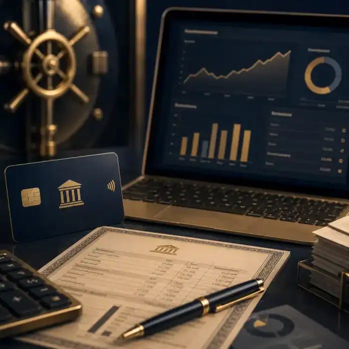 Geschäftskonto Vergleichsrechner mit Laptop, Businesskarte, Dokumenten und Finanzdashboard