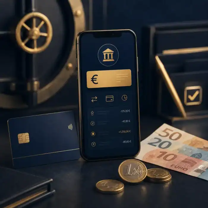 Girokonto Vergleich mit Smartphone-Banking, Bankkarte, Bargeld und Münzen