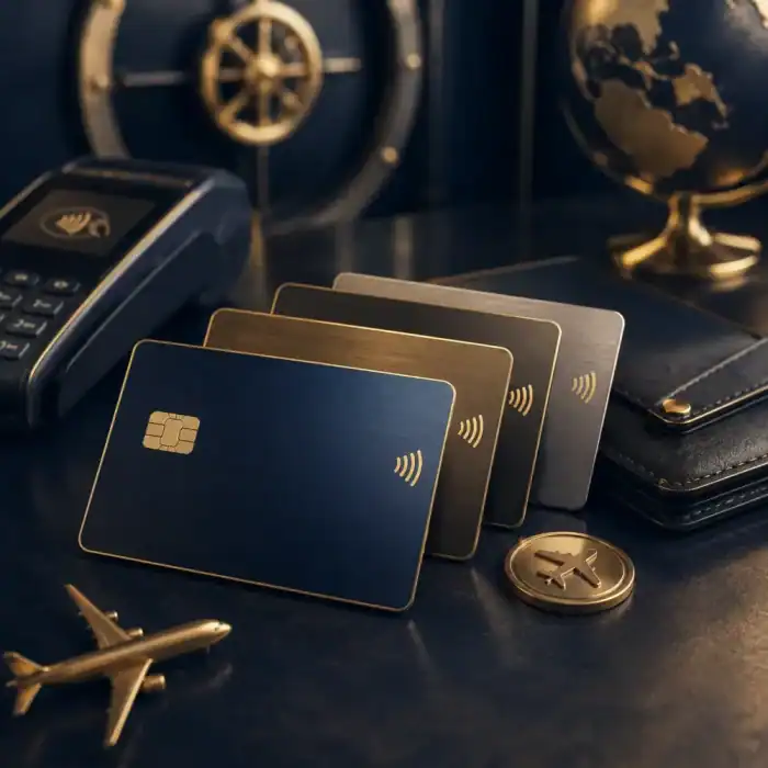 Kreditkarten Vergleich mit mehreren Premium-Karten, Kartenleser, Wallet und Reisesymbolik